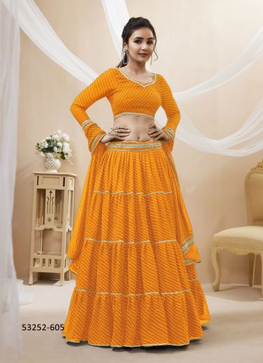 Orange Georgette Bandhani Printed Festive-Wear Traditional Lehenga Choli