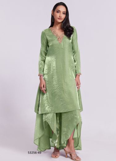 Sage Green Woven Organza Party-Wear Readymade Co-Ord Set