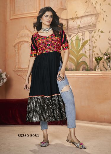 Black Rayon Gamthi Work Navratri Special Anarkali Readymade Kurti