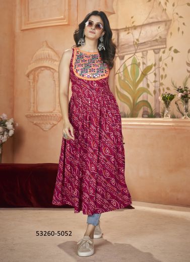 Wine Red Rayon Gamthi Work Navratri Special Anarkali Readymade Kurti