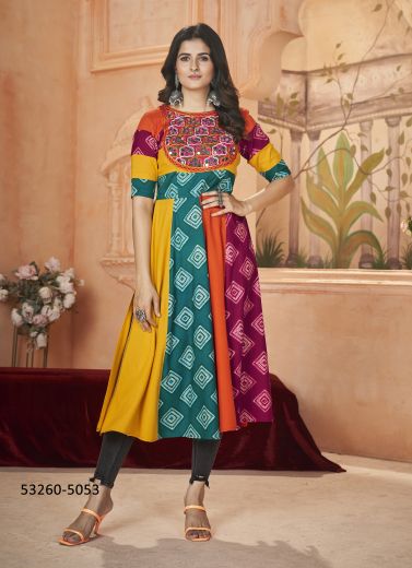 Multicolored Rayon Gamthi Work Navratri Special Anarkali Readymade Kurti