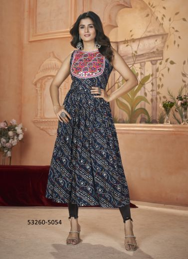 Navy Blue Rayon Gamthi Work Navratri Special Anarkali Readymade Kurti