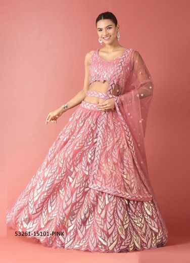 Dark Pink Net Sequins-Work Wedding-Wear Gliterring Lehenga Choli