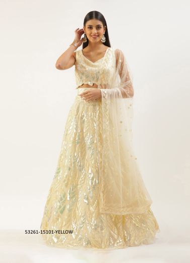 Cream Net Sequins-Work Wedding-Wear Gliterring Lehenga Choli