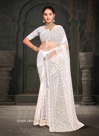 White Net Sequins-Work Desi Saree For Traditional / Religious Occasions