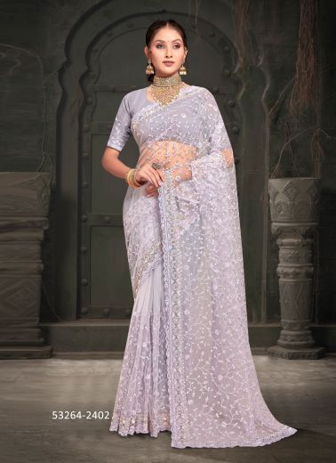 Light Lavender Net Sequins-Work Desi Saree For Traditional / Religious Occasions