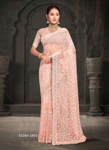 Peach Net Sequins-Work Desi Saree For Traditional / Religious Occasions