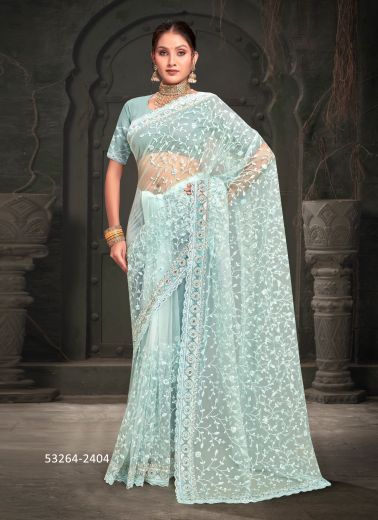 Light Blue Net Sequins-Work Desi Saree For Traditional / Religious Occasions