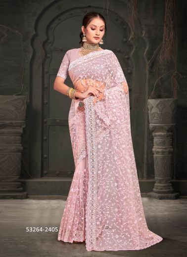 Pink Net Sequins-Work Desi Saree For Traditional / Religious Occasions