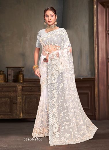 White Net Sequins-Work Desi Saree For Traditional / Religious Occasions