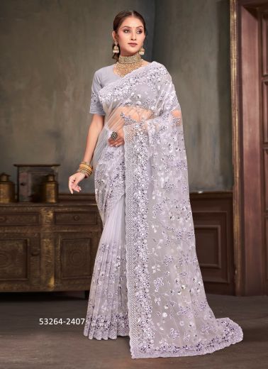 Light Lavender Net Sequins-Work Desi Saree For Traditional / Religious Occasions