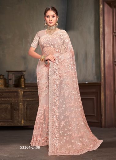 Peach Net Sequins-Work Desi Saree For Traditional / Religious Occasions