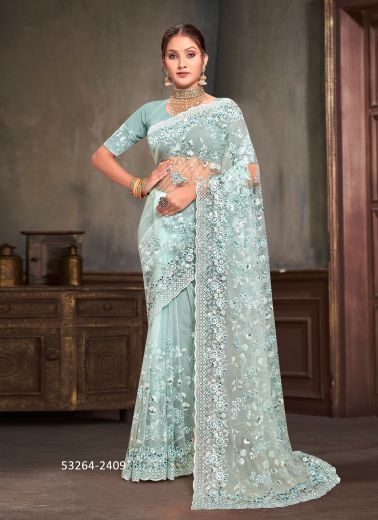 Light Blue Net Sequins-Work Desi Saree For Traditional / Religious Occasions