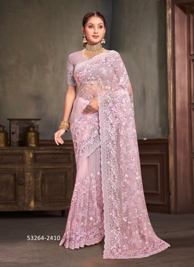 Pink Net Sequins-Work Desi Saree For Traditional / Religious Occasions