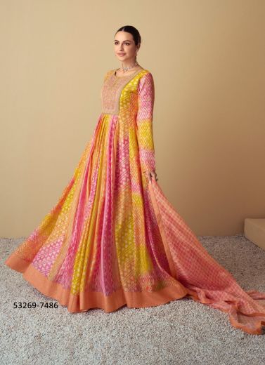 Pink & Yellow Muslin Digitally Printed Party-Wear Readymade Gown With Dupatta