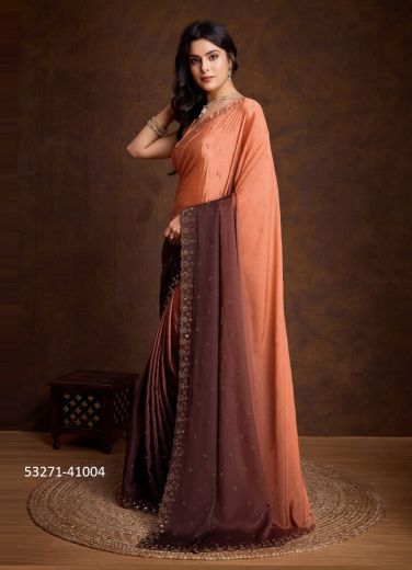 Salmon & Dark Maroon Shaded Two Tone Chinon Party-Wear Beautiful Saree