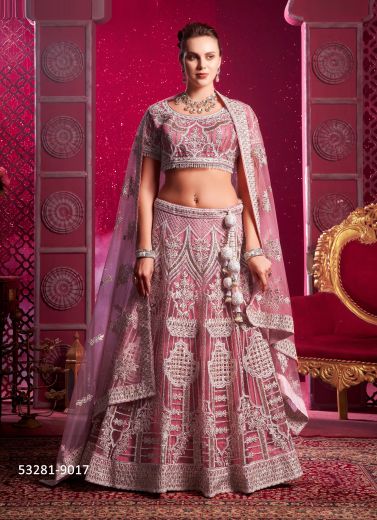 Pink & White Net Handworked Wedding-Wear Bridal Lehenga Choli