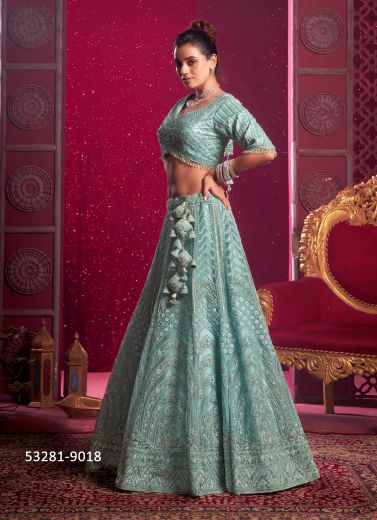 Light Blue Net Handworked Wedding-Wear Bridal Lehenga Choli