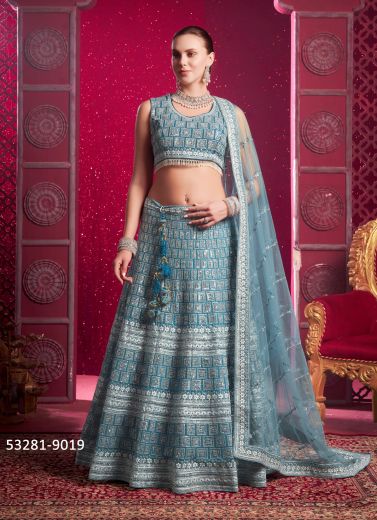 Teal Blue & White Net Handworked Wedding-Wear Bridal Lehenga Choli