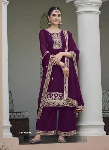 Purple Georgette Embroidered Festive-Wear Palazzo-Bottom Readymade Salwar Kameez