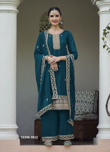 Sea Blue Georgette Embroidered Festive-Wear Palazzo-Bottom Readymade Salwar Kameez