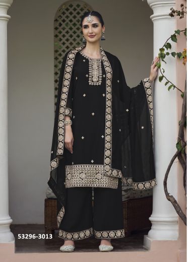 Black Georgette Embroidered Festive-Wear Palazzo-Bottom Readymade Salwar Kameez