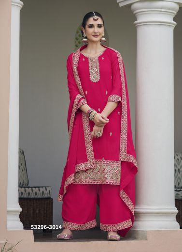 Dark Pink Georgette Embroidered Festive-Wear Palazzo-Bottom Readymade Salwar Kameez