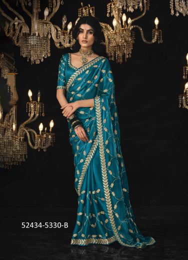 Sea Blue Tissue Silk Embroidered Saree For Traditional / Religious Occasions