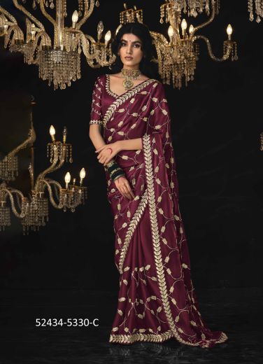 Wine Tissue Silk Embroidered Saree For Traditional / Religious Occasions