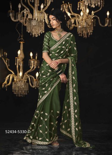 Olive Green Tissue Silk Embroidered Saree For Traditional / Religious Occasions