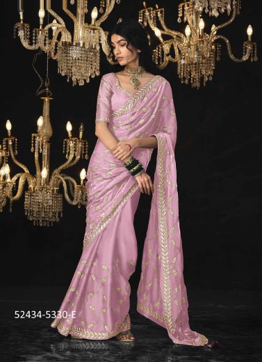 Pink Tissue Silk Embroidered Saree For Traditional / Religious Occasions