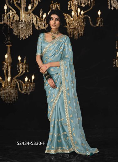 Sky Blue Tissue Silk Embroidered Saree For Traditional / Religious Occasions