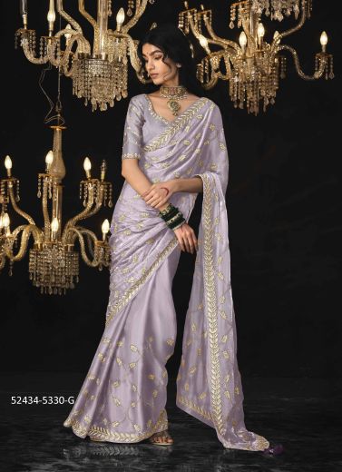 Light Lilac Tissue Silk Embroidered Saree For Traditional / Religious Occasions