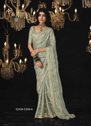 Sage Green Tissue Silk Embroidered Saree For Traditional / Religious Occasions