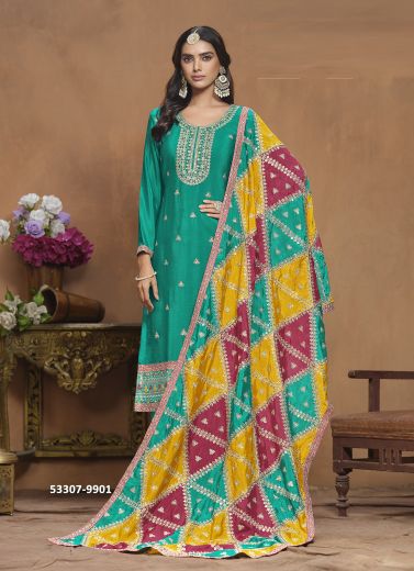 Aqua Green Chinon Silk Embroidered Festive-Wear Pant-Bottom Readymade Salwar Kameez With Multi-Colored Dupatta