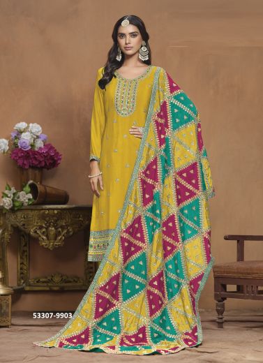 Yellow Chinon Silk Embroidered Festive-Wear Pant-Bottom Readymade Salwar Kameez With Multi-Colored Dupatta