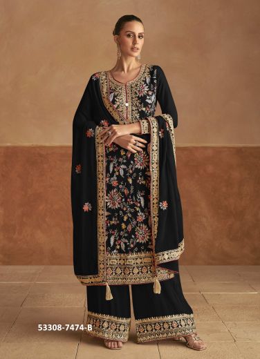 Black Chinon Thread-Work Party-Wear Palazzo-Bottom Readymade Salwar Kameez