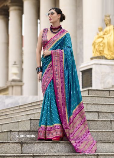 Teal Blue & Purple Pure Soft Banarasi Silk Printed Saree For Traditional / Religious Occasions