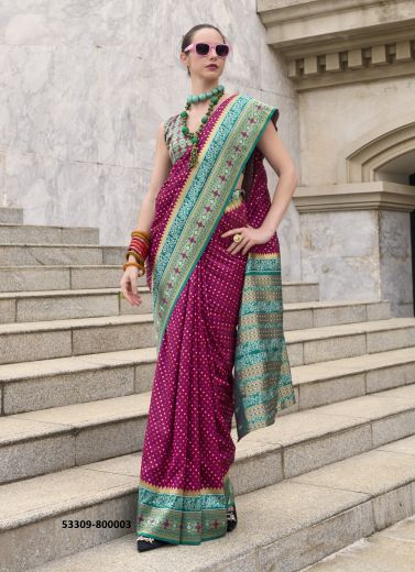 Wine Red & Sea Green Pure Soft Banarasi Silk Printed Saree For Traditional / Religious Occasions