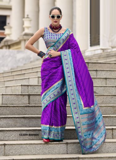 Violet & Aqua Pure Soft Banarasi Silk Printed Saree For Traditional / Religious Occasions