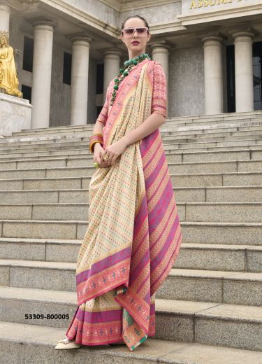 Cream & Salmon Pure Soft Banarasi Silk Printed Saree For Traditional / Religious Occasions