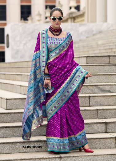 Purple & Aqua Pure Soft Banarasi Silk Printed Saree For Traditional / Religious Occasions