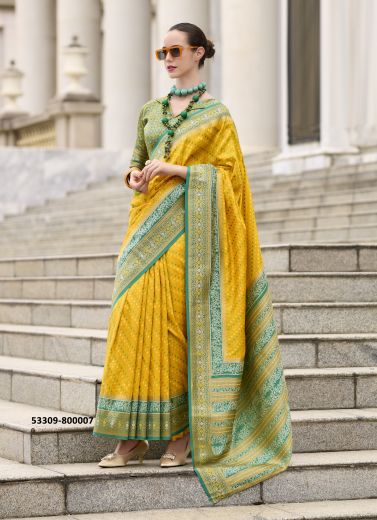 Yellow & Teal Green Pure Soft Banarasi Silk Printed Saree For Traditional / Religious Occasions