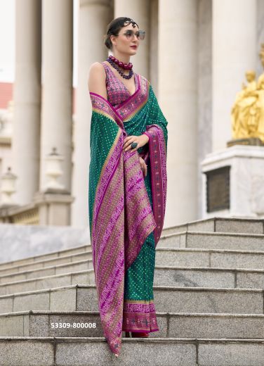 Green & Purple Pure Soft Banarasi Silk Printed Saree For Traditional / Religious Occasions