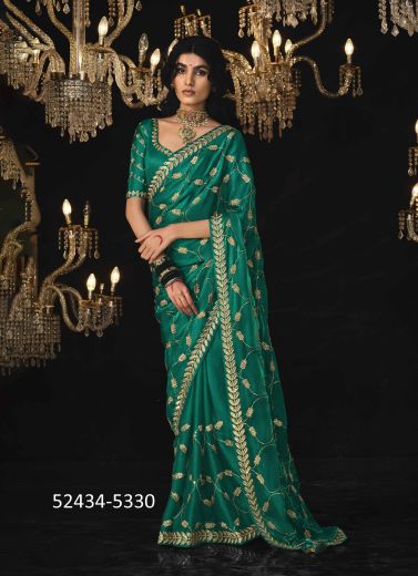 Teal Green Tissue Silk Embroidered Saree For Traditional / Religious Occasions