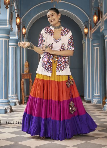 Multicolored Viscose Rayon Gamthi Work Navratri Special Readymade Lehenga Choli With Jacket [Chaniya Choli For Garba]