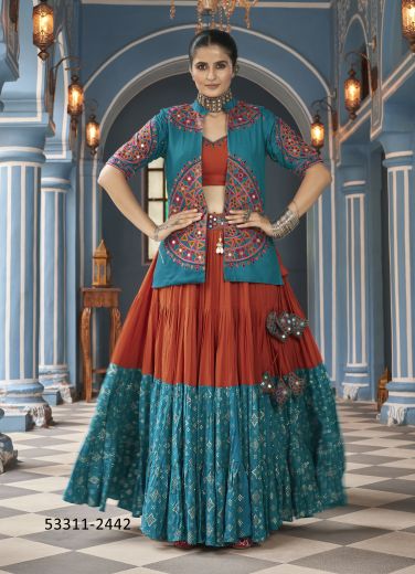 Multicolored Viscose Rayon Gamthi Work Navratri Special Readymade Lehenga Choli With Jacket [Chaniya Choli For Garba]