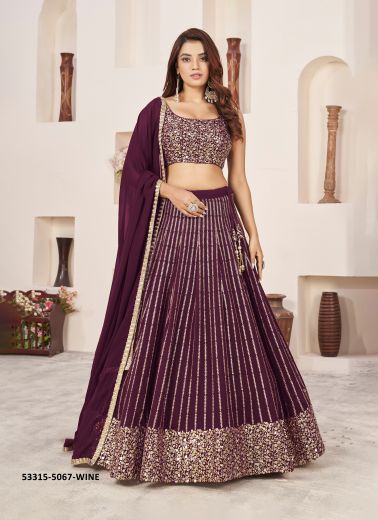 Wine Georgette Sequins-Work Gliterring Lehenga Choli For Traditional / Religious Occasions