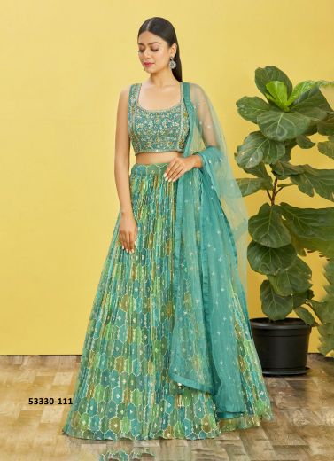 Sea Green Organza Embroidered Wedding-Wear Reception Lehenga Choli