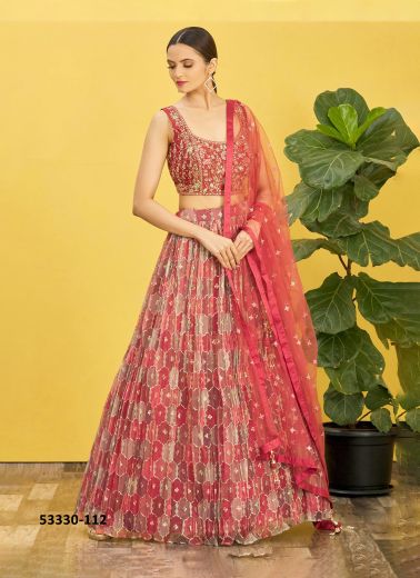 Coral Red Organza Embroidered Wedding-Wear Reception Lehenga Choli